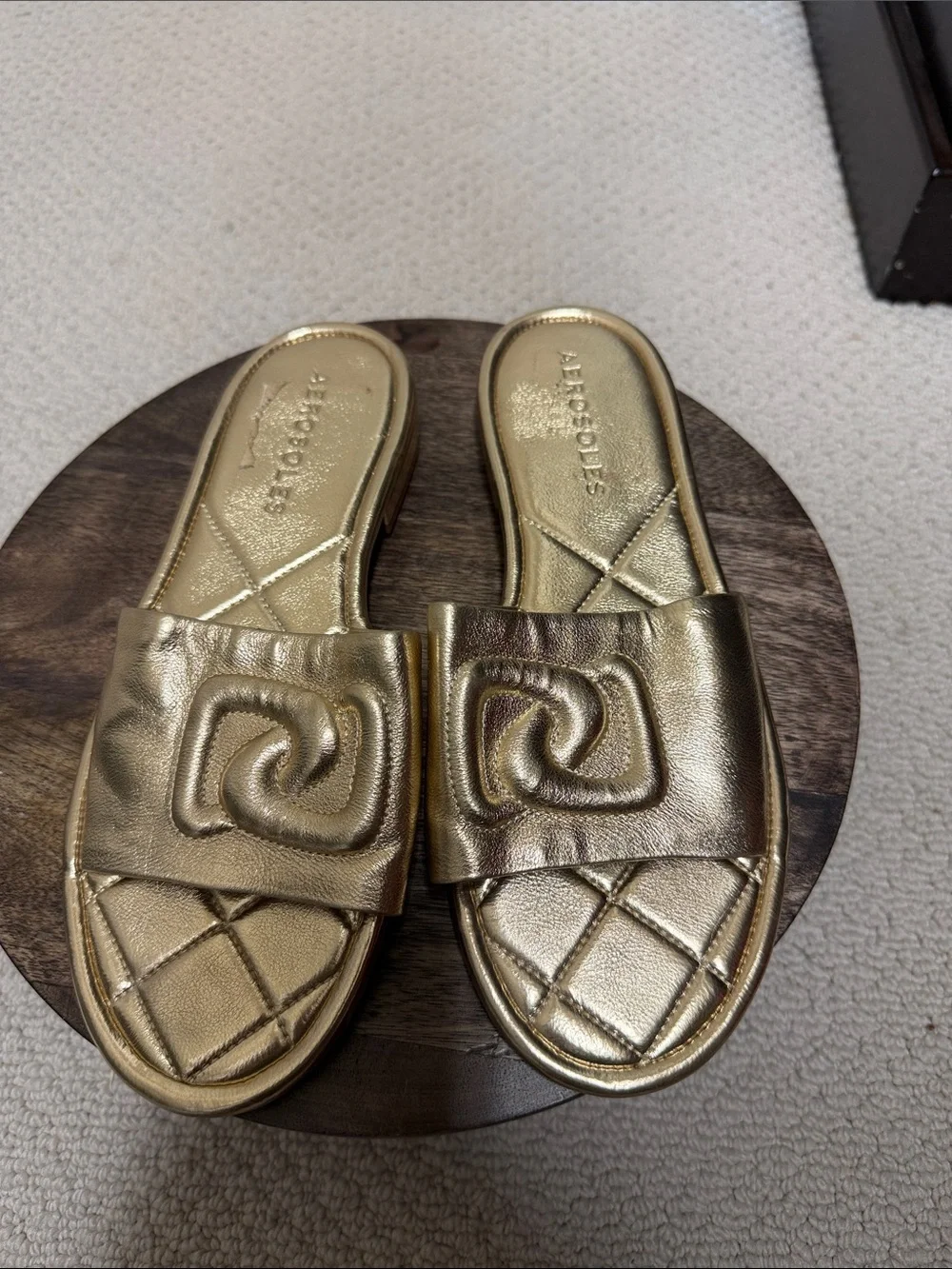 AEROSOLES Metallic Gold Quilted Slide Sandals with Padded Strap